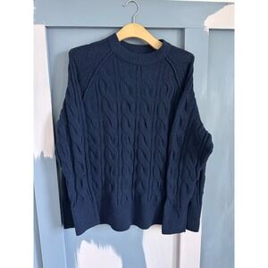 Aerie Womens Navy Blue Cable Knit Crew Neck Raglan Sleeve Pullover Sweater Small